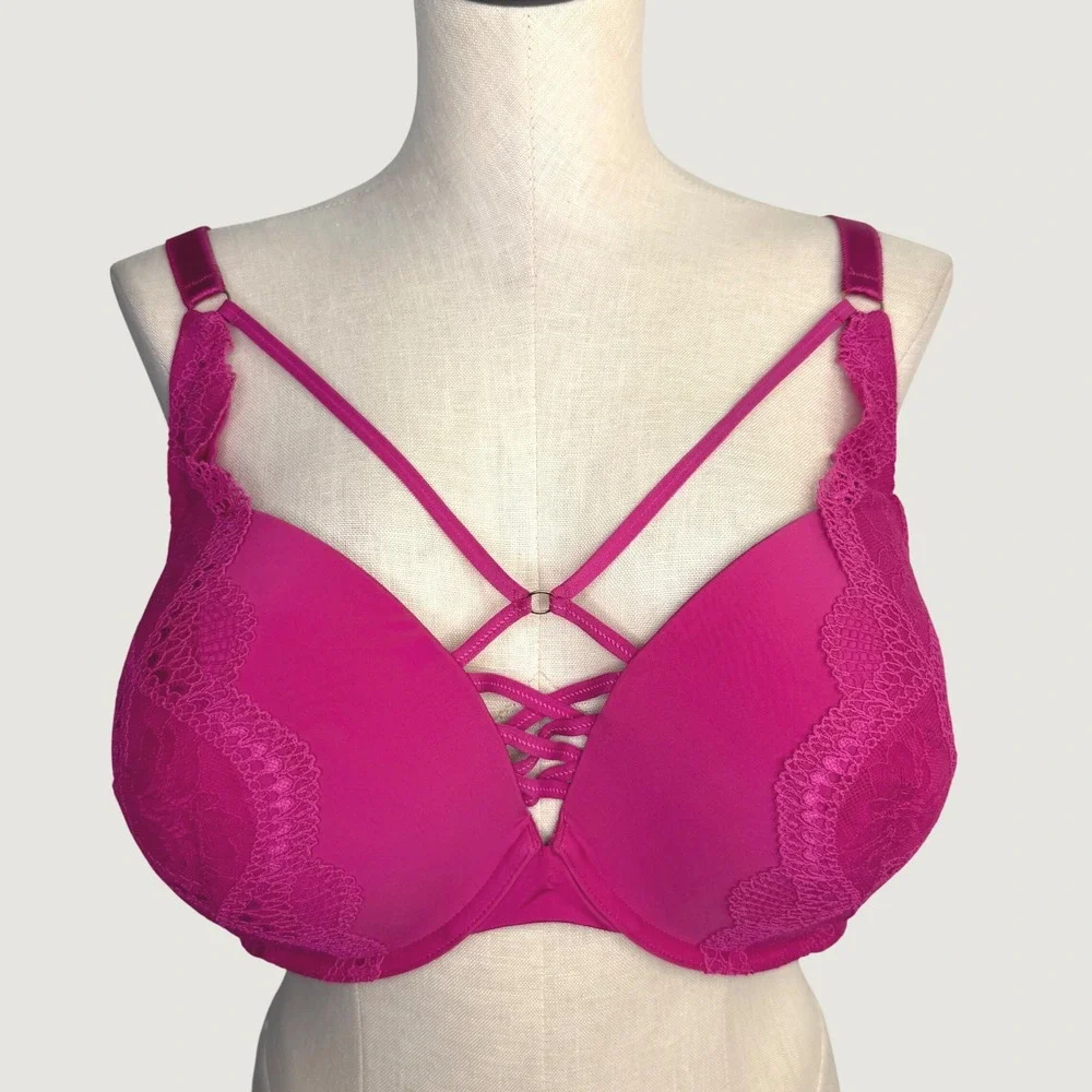 Torrid 44D Torrid XO Lace Push Up Plunge Bra Pink Strappy Lace